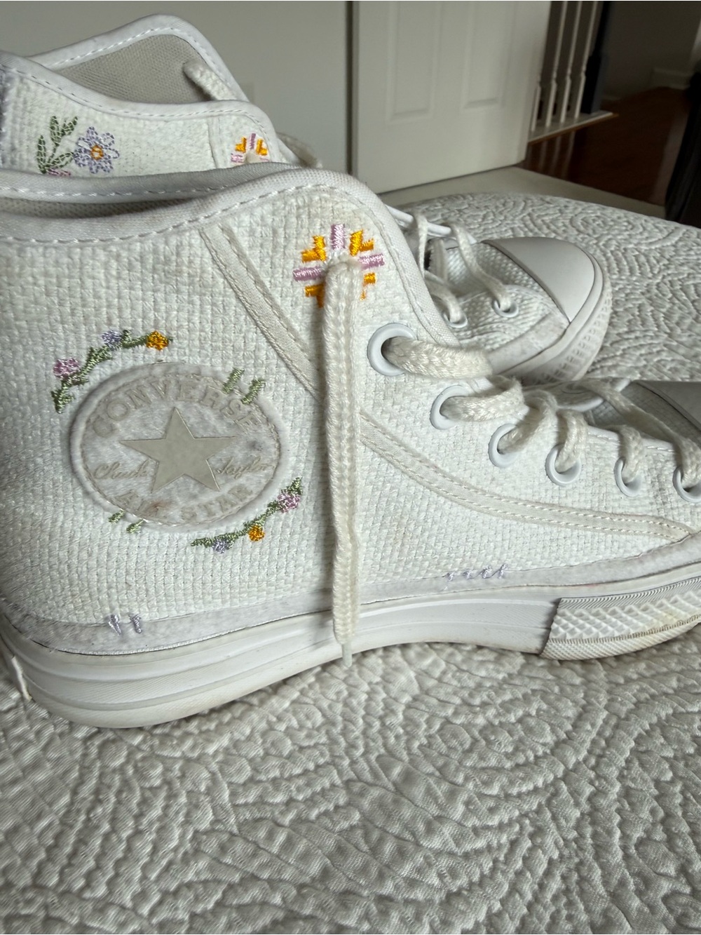 Converse White High-Top Sneakers with Pastel Floral Embroidery